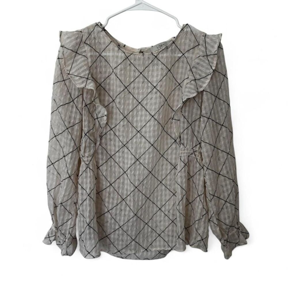 LOFT Petite cream and black checkered blouse